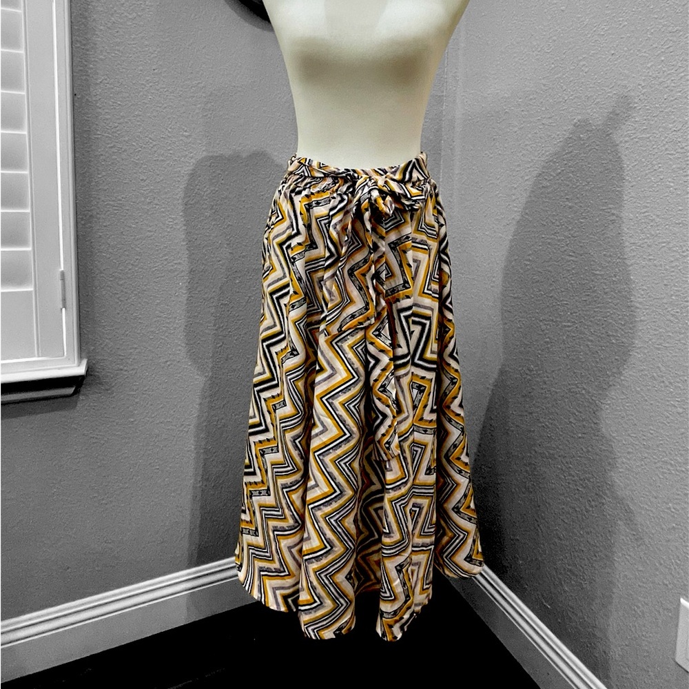 Women's Mustard Chevron Tie Front Midi A-line Skirt XL